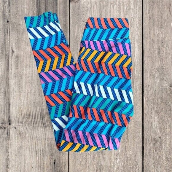 LuLaRoe Blue Colorful Geometric Chevron Stripe Pattern Leggings Pants Women's - Picture 1 of 8